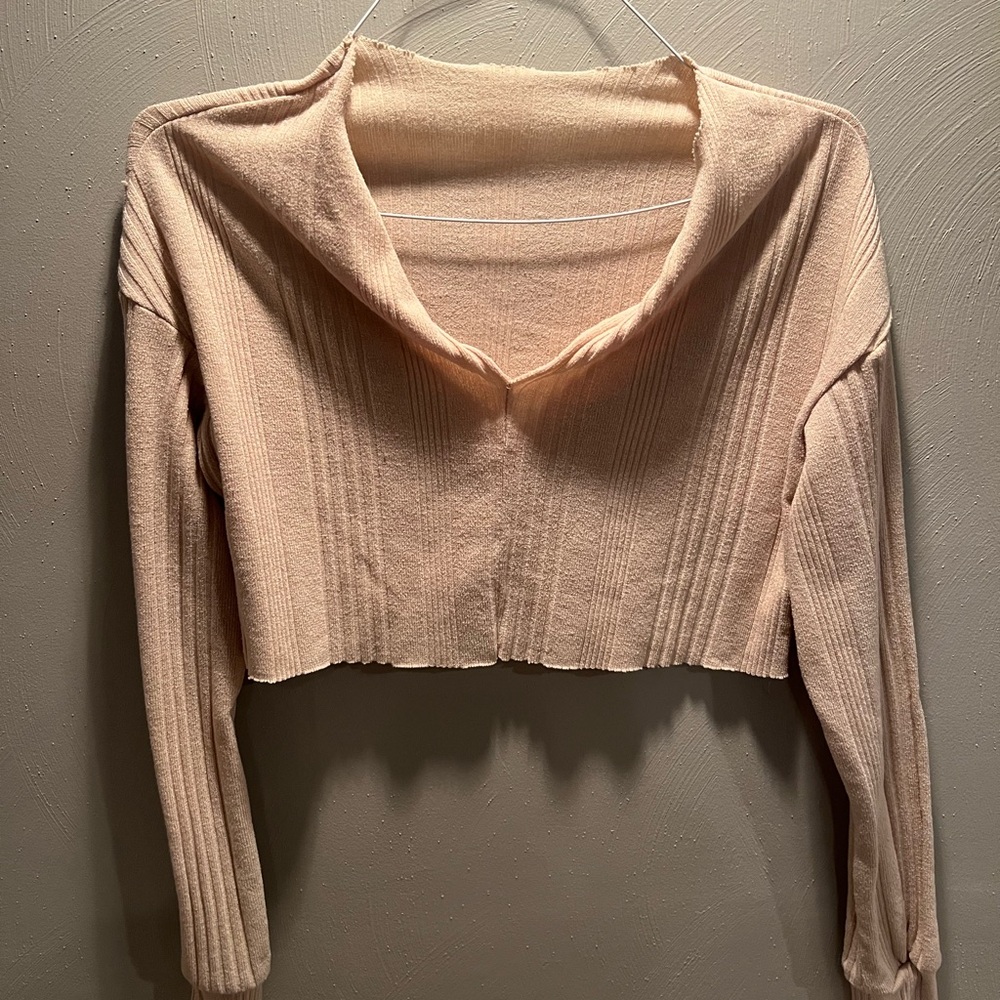 Beige Ribbed Cropped Sweater